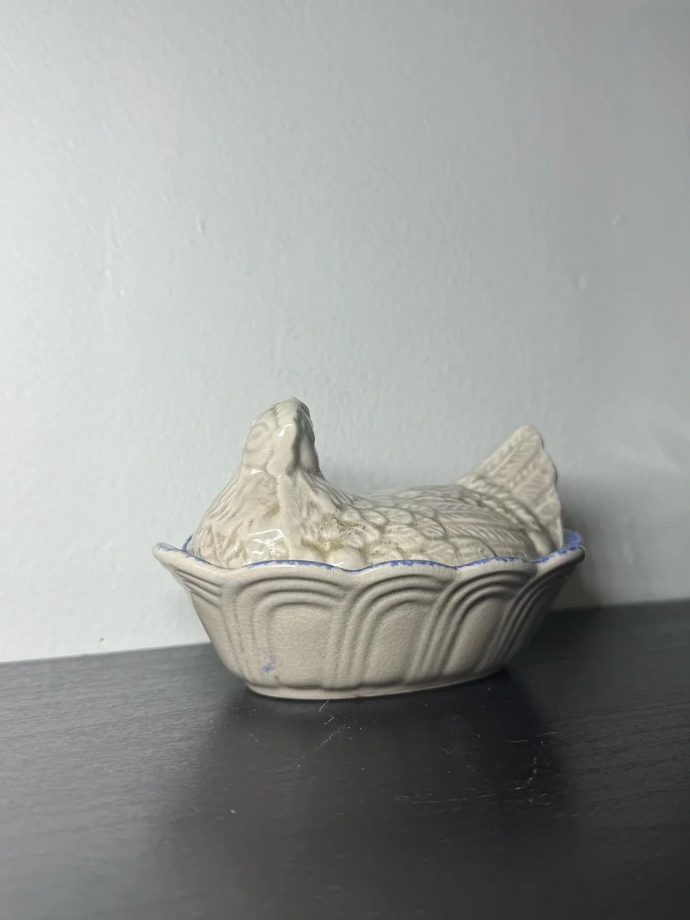 Vintage 1970s Hen On Nest Blue Splatter China Signed